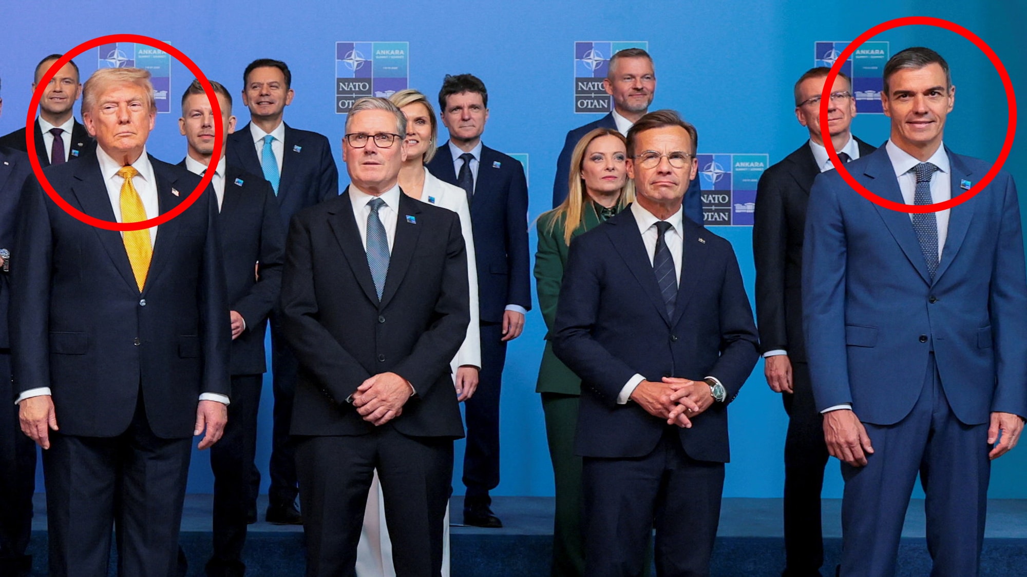 USAs president Donald Trump (t.v.) sammen med blant annet Spanias statsminister Pedro Sanchez (t.h.), Storbritannias statsminister Keir Starmer og Sveriges statsminister Ulf Kristersson. Ankara, Tyrkia 8. juli.
