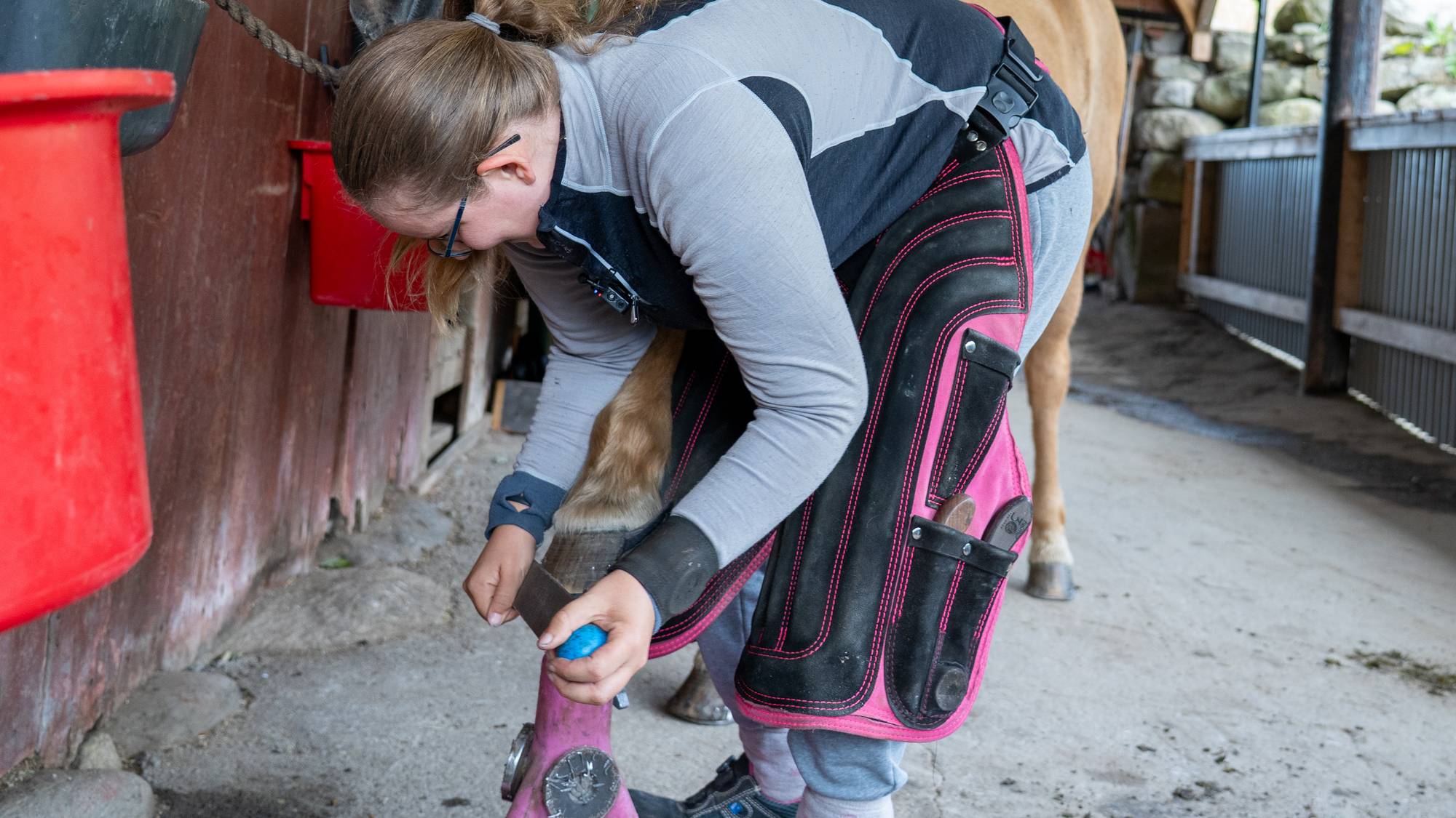 En hovslager beskjærer hoven til en hest i en stall. (Bildebeskrivelsen er laget av en KI-tjeneste)