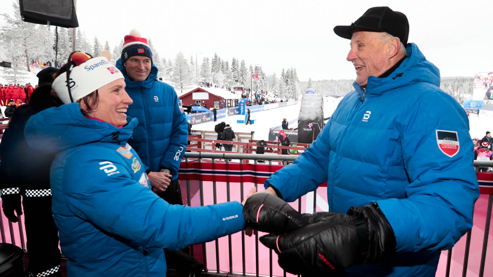 Marit Bjørgen håndhilser på kong Harald ved et skirenn i et snødekket landskap. (Bildebeskrivelsen er laget av en KI-tjeneste)