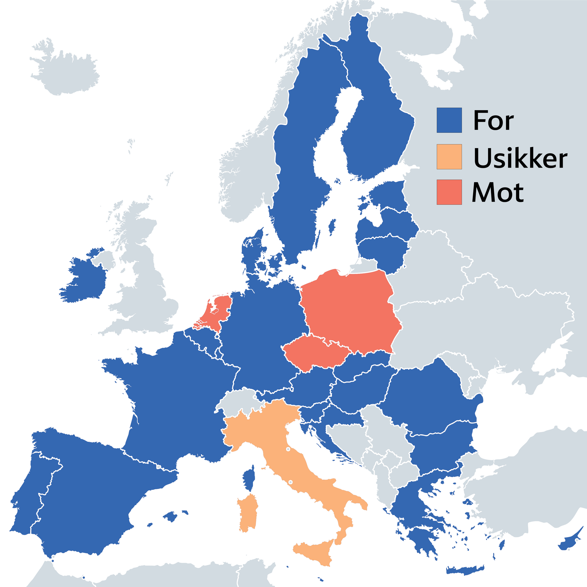 EU-kart der vi ser hvordan landene stiller seg i spørsmålet om Chat Control. Italia er merket rødt og mot forslaget. Polen, Nederland og Tsjekkia er gule, har ikke bestemt seg. Resten av landene er for forslaget, og markert i blått.