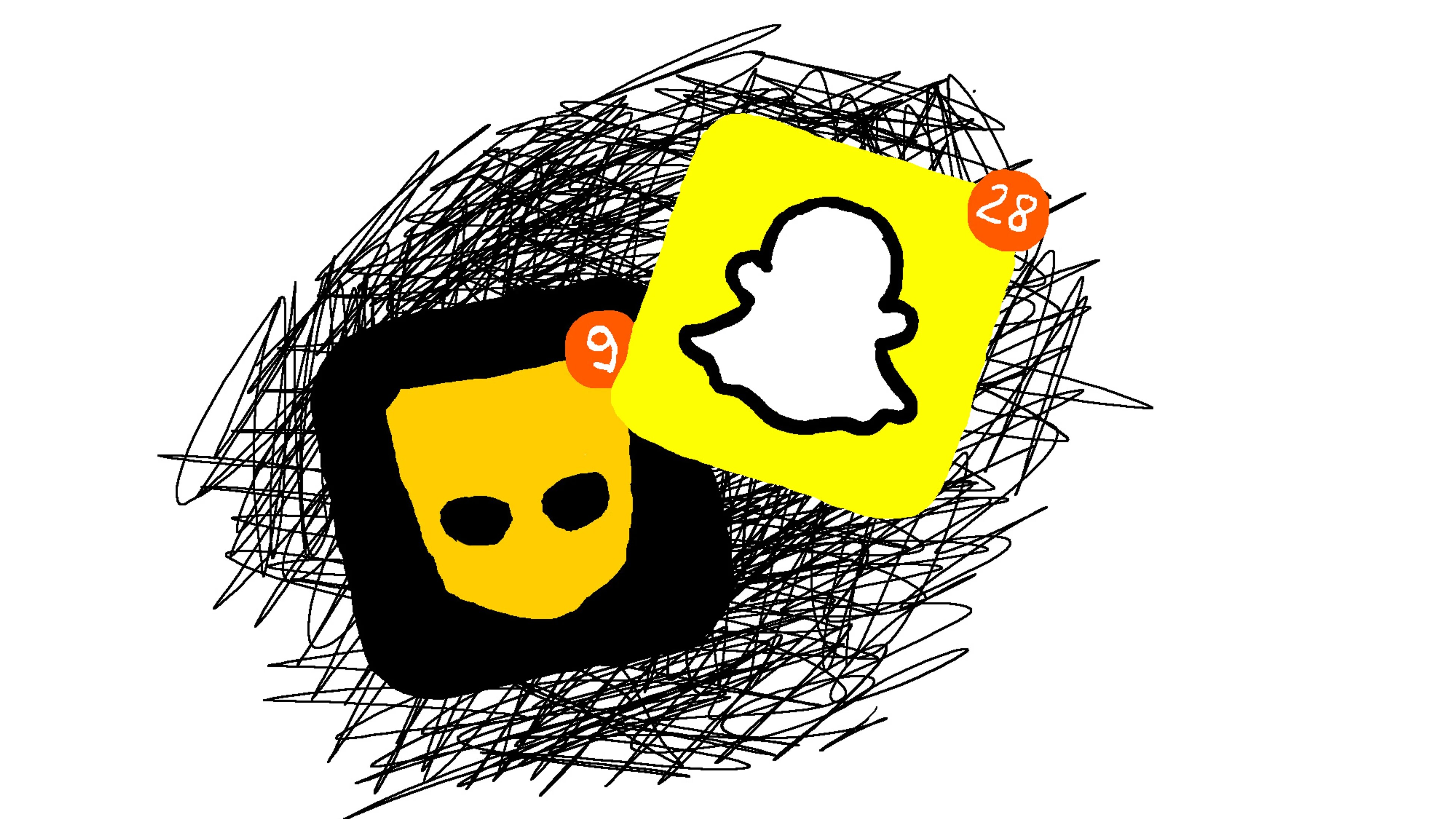 Illustrasjon av appene Grindr og Snapchat. Logoen til Grindr er en oransje maske med to hule øyne på en sort bakgrunn. Snapchat er et hvitt spøkelse på gul bakgrunn. På begge appene er et lite symbol som skal illustrere et varsel. Det er en liten oransje runding oppe i appens høyre hjørne.
