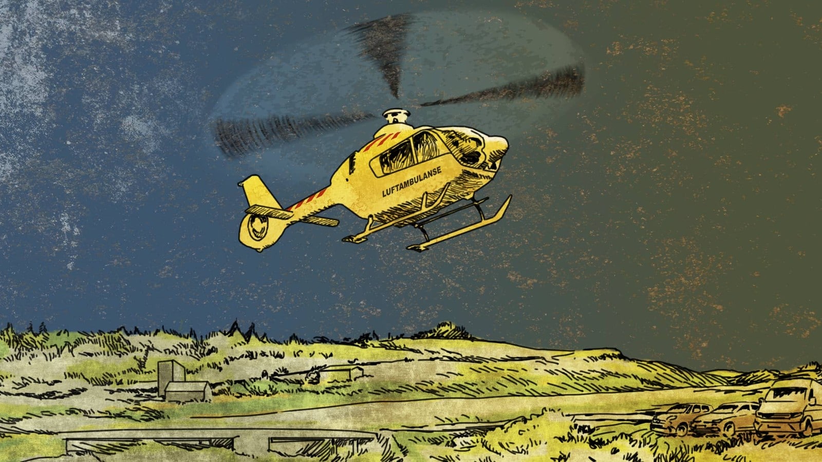 Illustrasjon av et ambulansehelikopter som lander