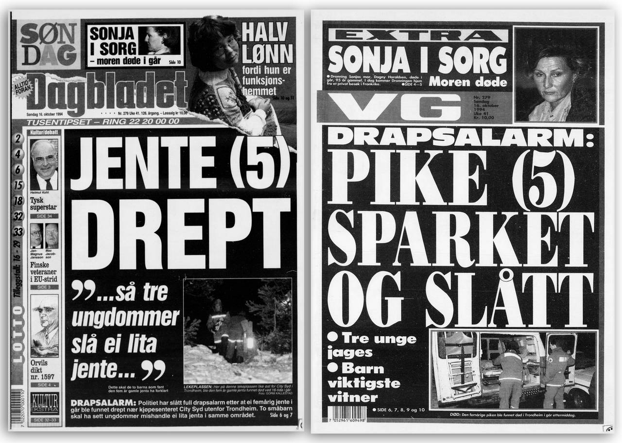 Dagbladet søndag 16.10 1994: «så tre ungdommer slå ei lita jente ...» VG: «Tre unge jages»