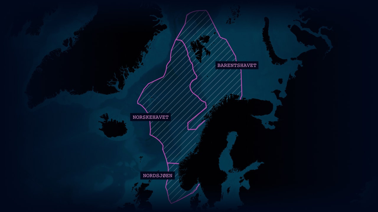 Forvaltningskart over Norges havområder: Barenshavet, Norskehavet og Nordsjøen.