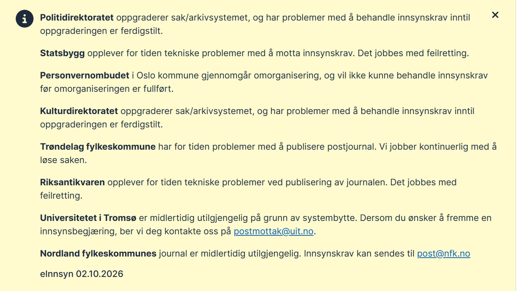 Feilmeldinger på eInnsyn sine nettsider