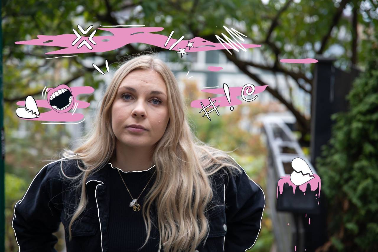 Foto av Sarah med illustrasjoner som utrykker sinne og frustrasjon.