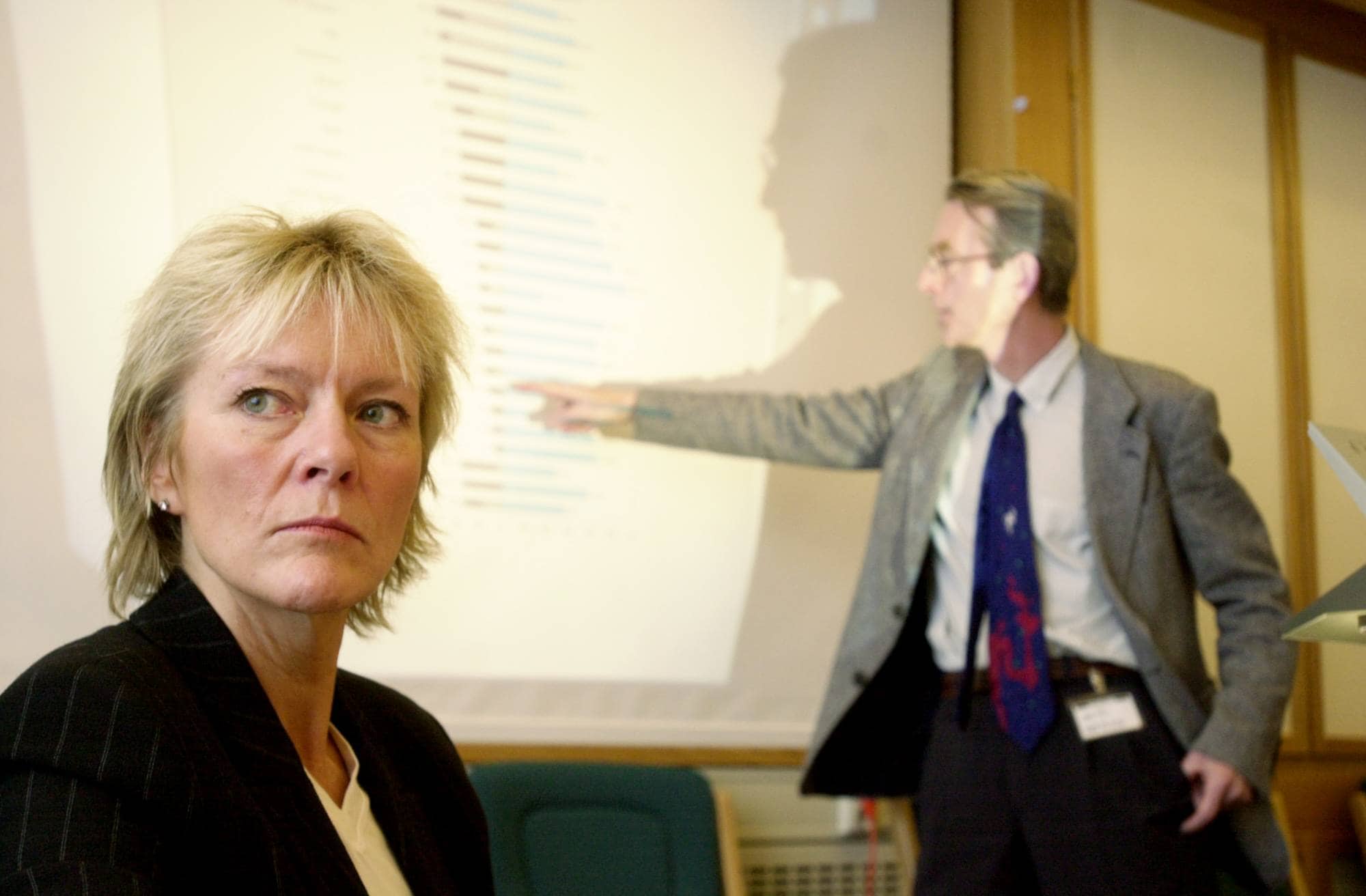 Kvinne i forgrunnen, en mann peker på en presentasjon med grafer i bakgrunnen. 