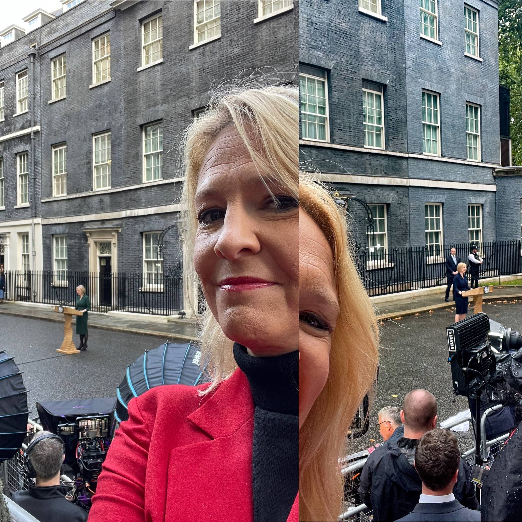 Todelt selfie av korrespondent Gry Blekastad Almås og Liz Truss som både kommer og går som statsminister i løpet av få uker.