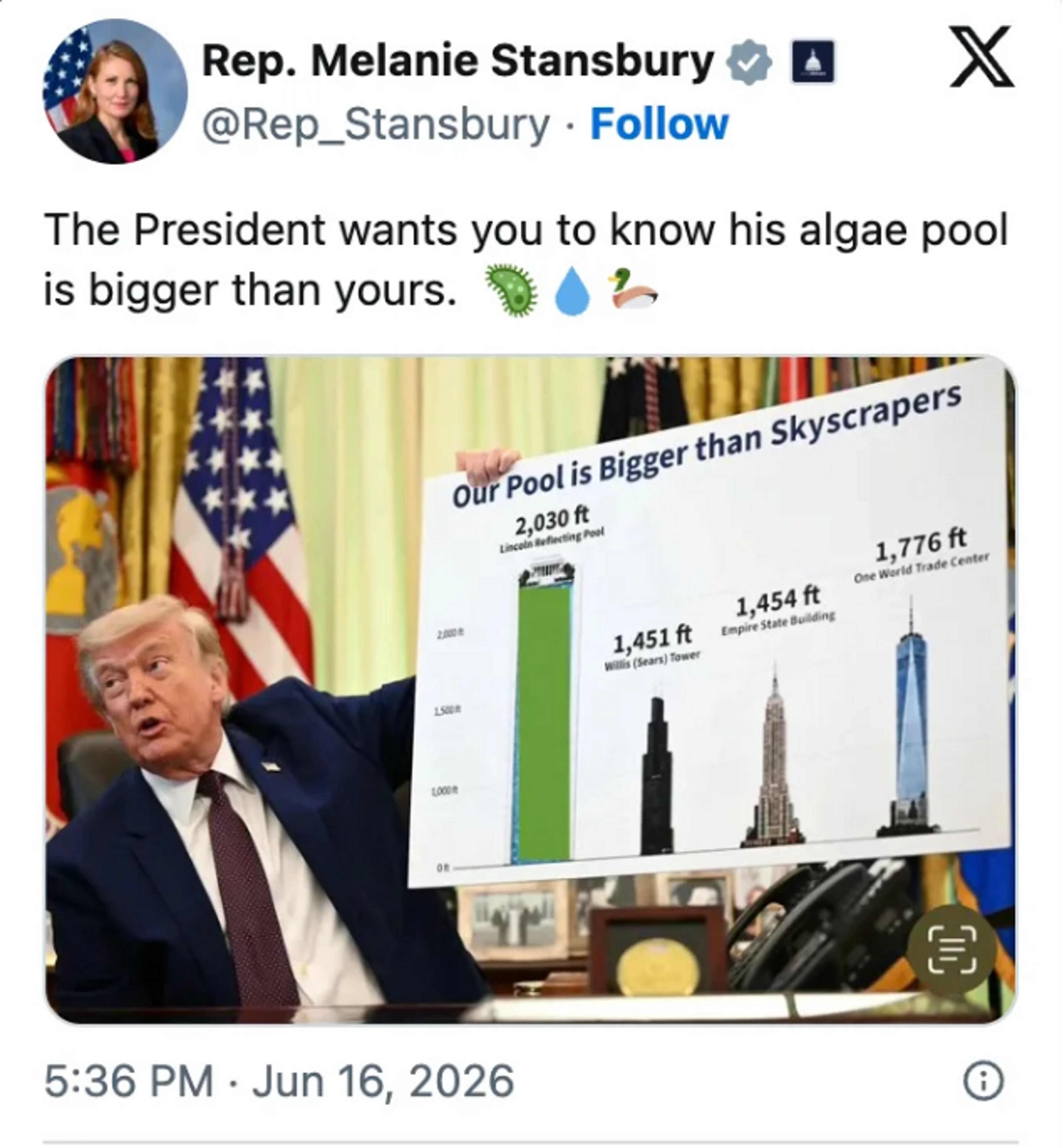 En politikers post på X: bilde av Trump med en grraf som viser speilbassenget, og en tekst som tuller med at han skryter av det selv om det er grønt.