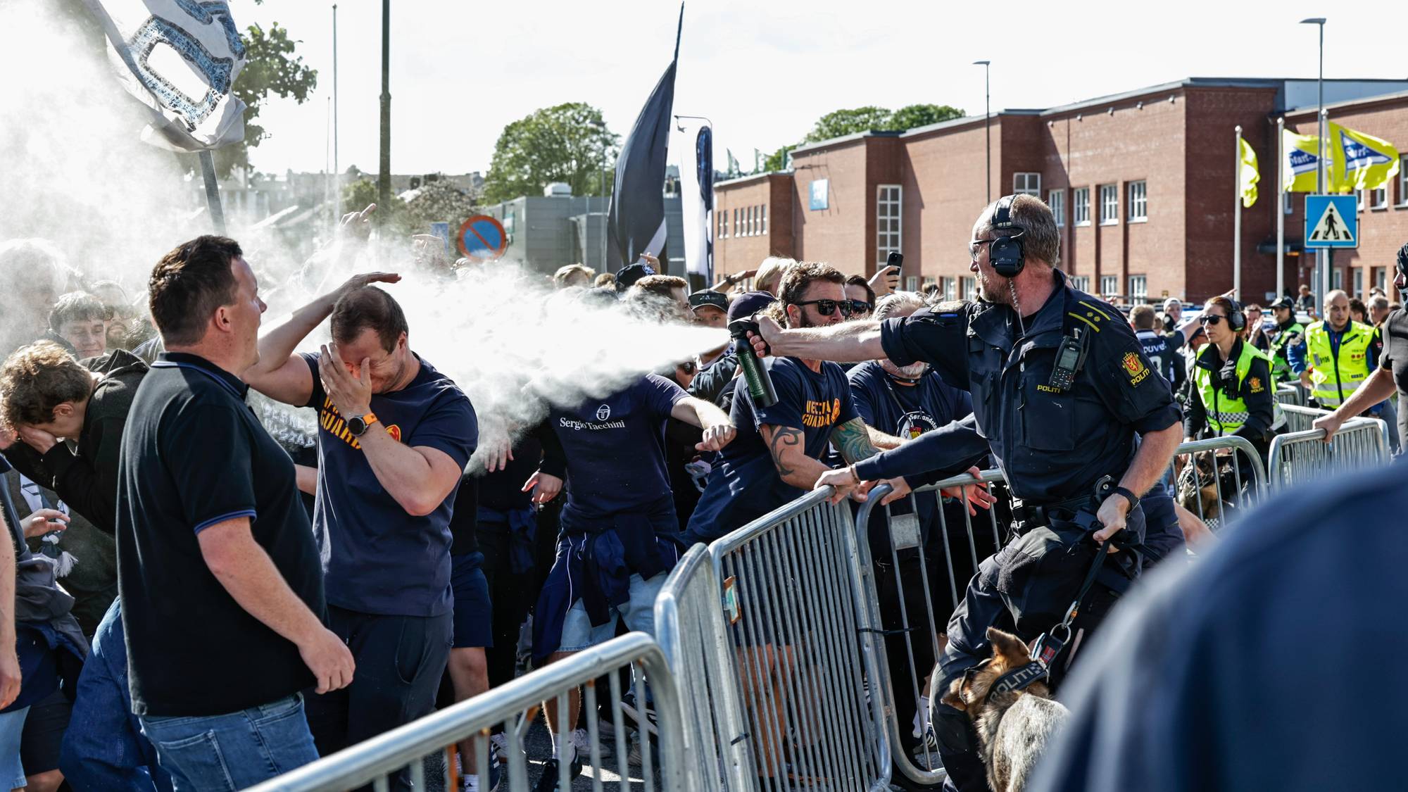 Politiet bruker tåregass mot en folkemengde som står bak et metallgjerde. En person holder seg for øynene. 
