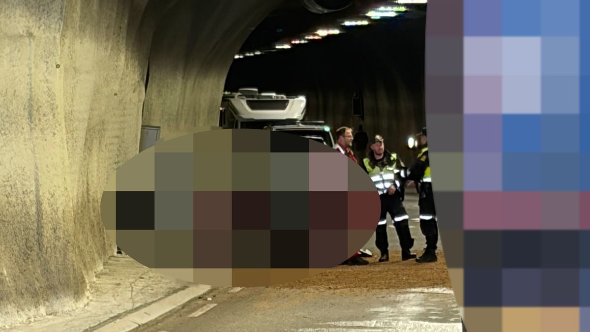 ein sladda bil står i kanten av vegen i ein tunnel, eit sladda vogntog står i vegbanen. FOTO: NRK-tipsar