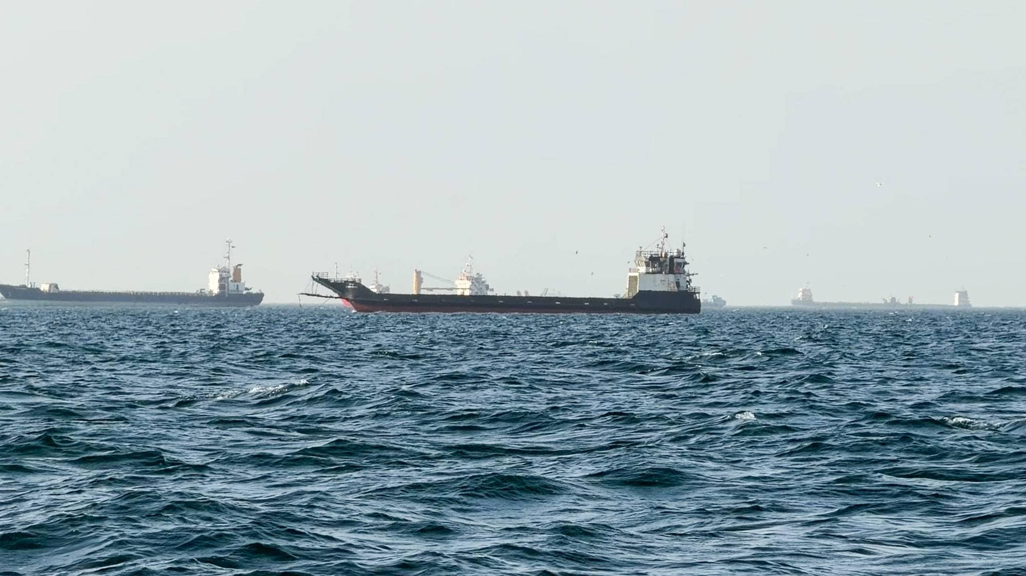Flere lasteskip ligger til ankers på havet. Bildet viser flere fartøy i forskjellige størrelser, noen med synlige lastebroer. Det er lett disig vær og rolige sjøforhold. (Bildebeskrivelsen er laget av en KI-tjeneste)