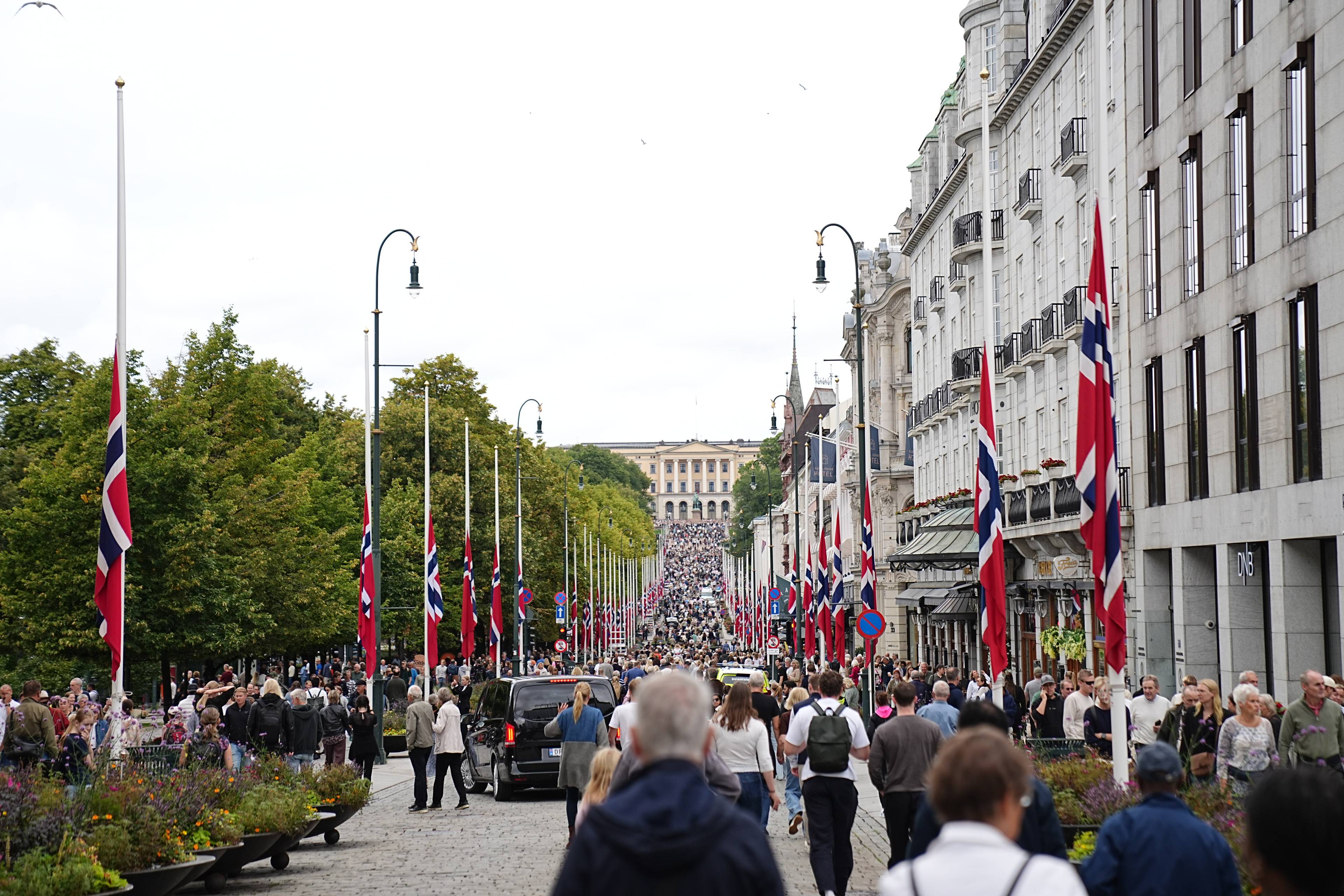 Mange mennesker går på Karl Johans gate i Oslo med flagg på halv stang foran Slottet.