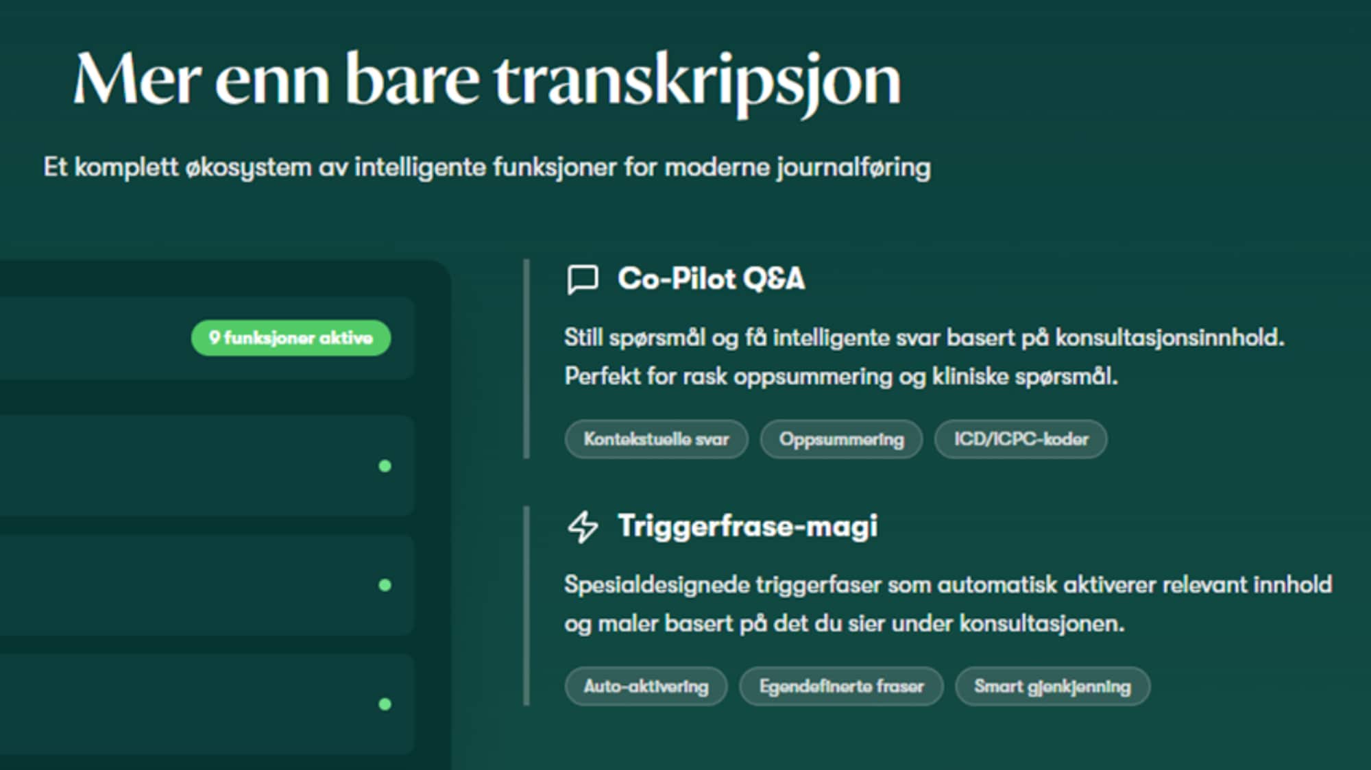 Skjermdump fra en KI-tjenestes nettside. På siden står det blant annet "Mer enn bare transkripsjon".