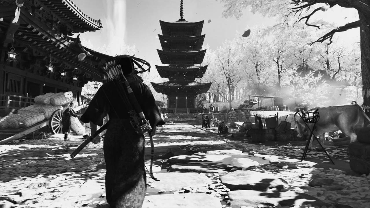 Skjermbilde fra spillet «Ghost of Tsushima» med Kurosawa-filteret aktivert.
