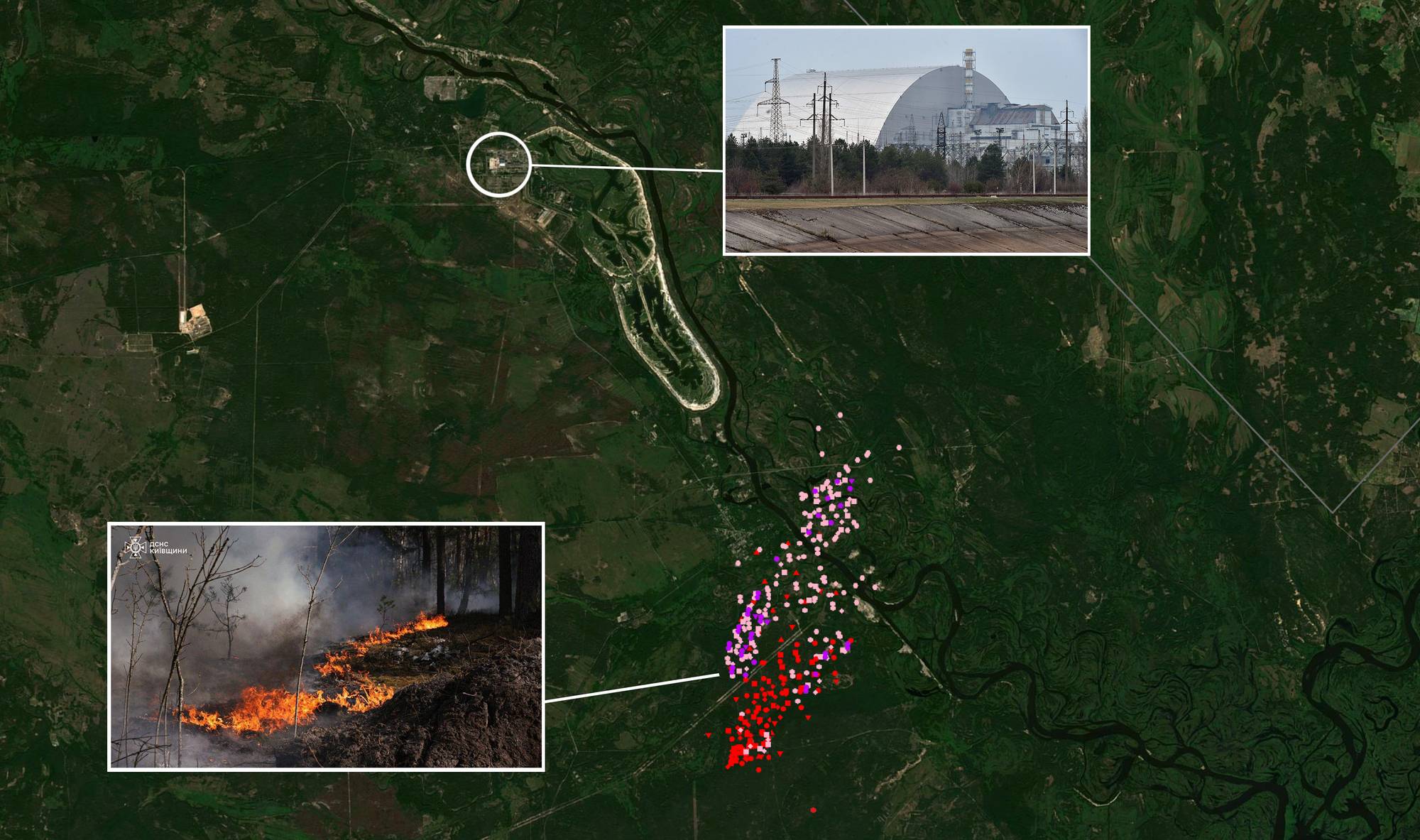 Kart over skogbrannen i Tsjernobyl.