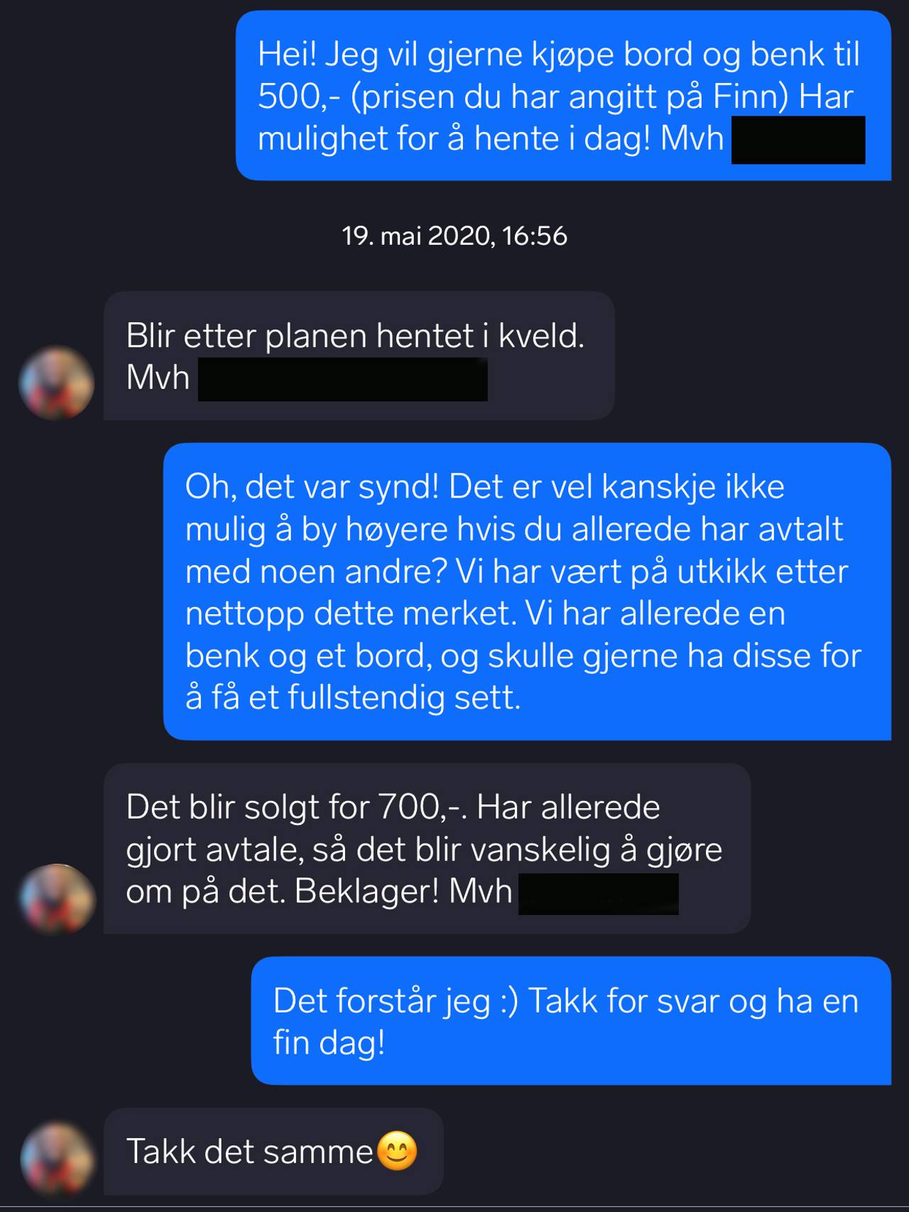 Hyggelig interaksjon mellom to brukere på Finn.no