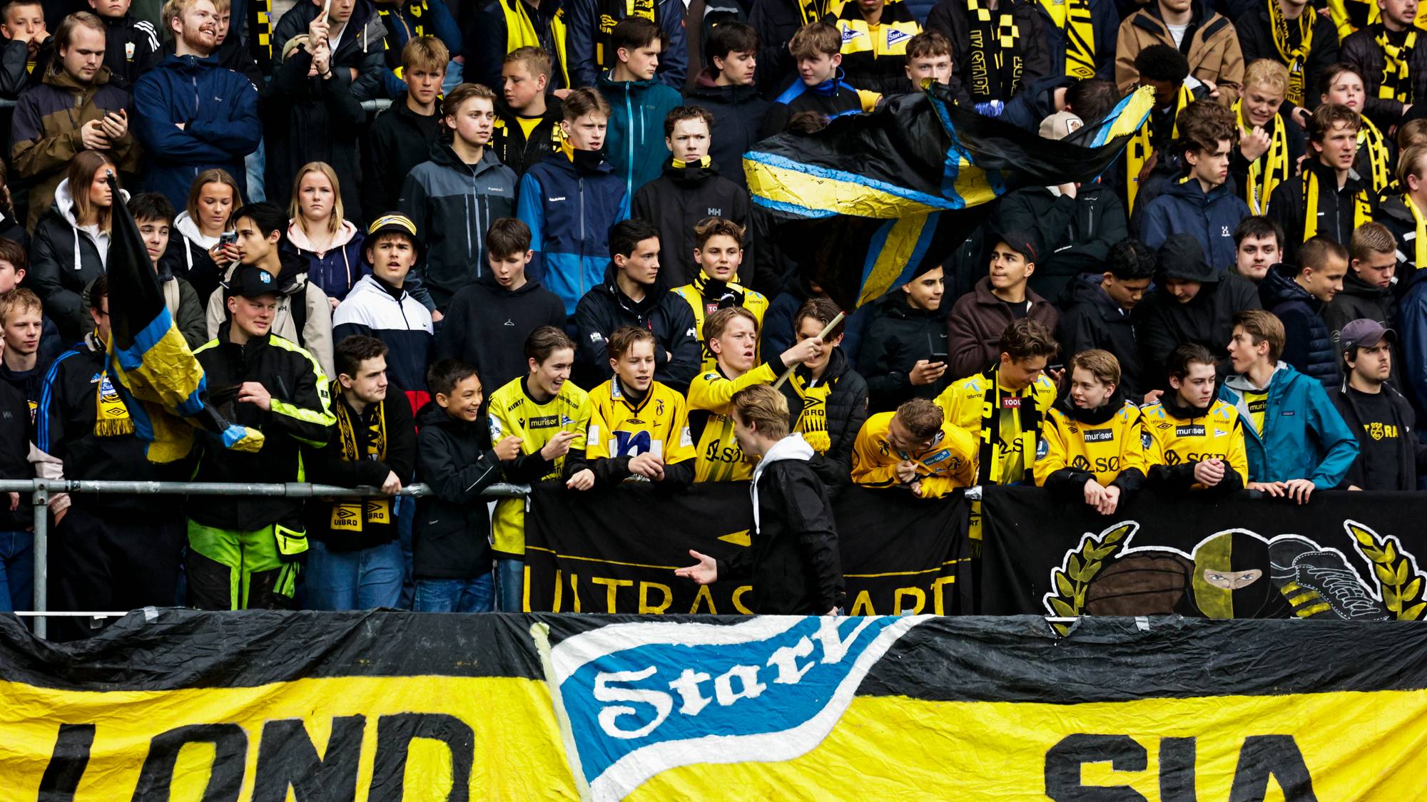 En stor gruppe supportere står tett bak et gjerde på en tribun. Mange av dem har på seg gule og svarte supporterklær, og holder opp gule og svarte flagg og bannere. Flere av supporterne ser ut mot det som skjer foran dem. (Bildebeskrivelsen er laget av en KI-tjeneste)