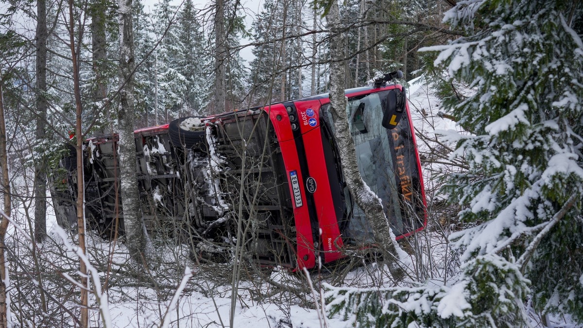Rutebuss veltet - ligger i gr&oslash;fta