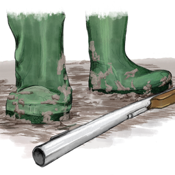 Tegning av gjørmete gummistøvler og ei rifle som ligger på bakken.