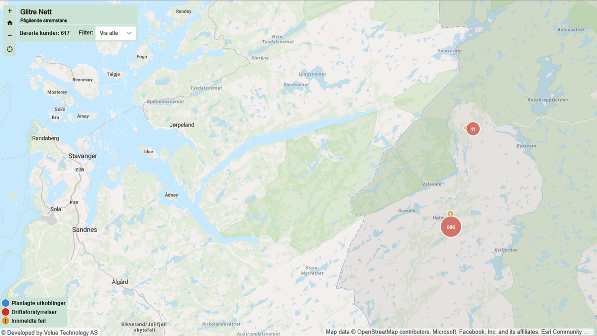 Nesten 1000 husstander uten strøm i Sirdal - antallet går opp og ned
