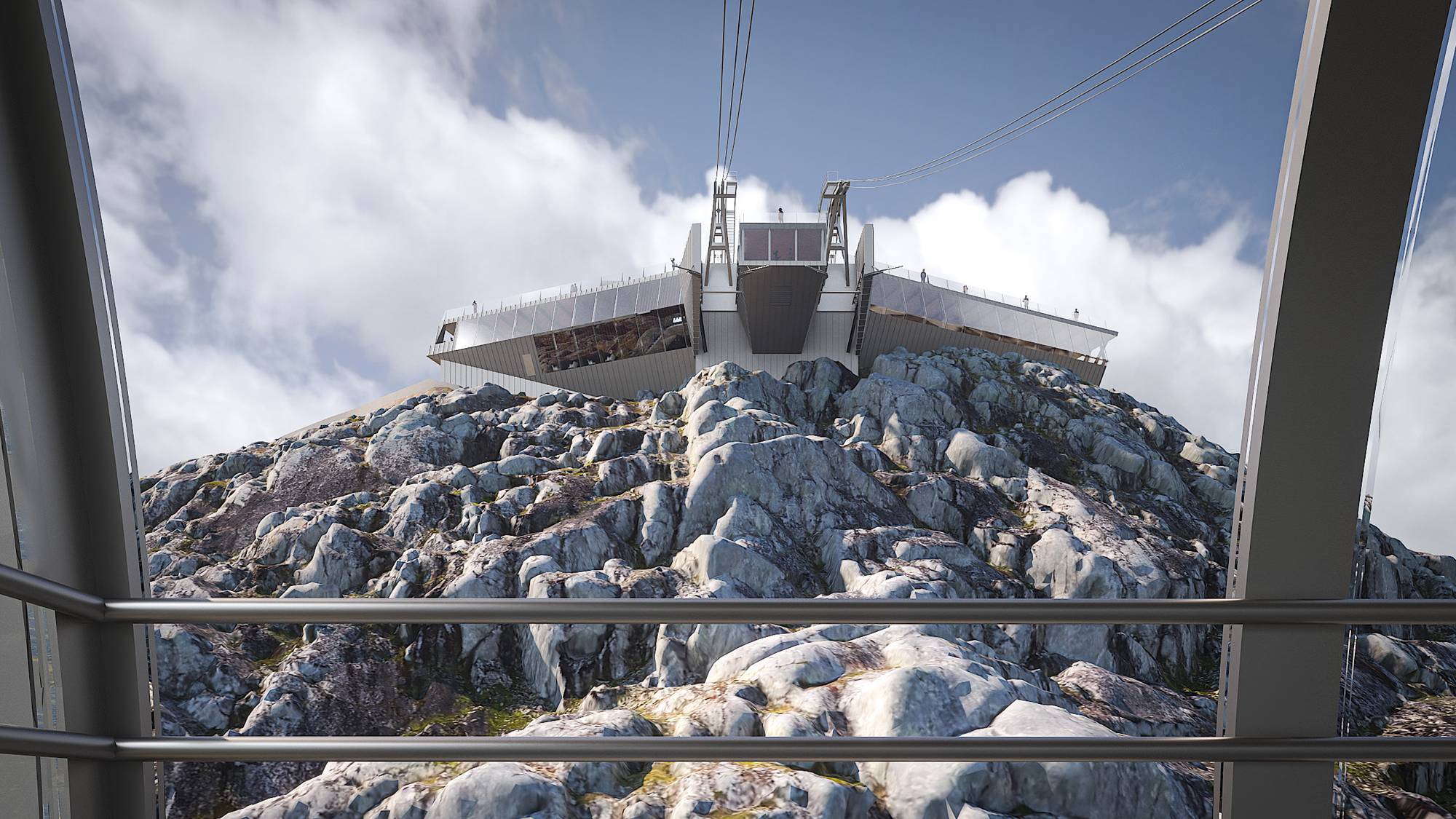 Illustrasjon av en fjelltopp med et moderne bygg sett fra en taubane. (Bildebeskrivelsen er laget av en KI-tjeneste)