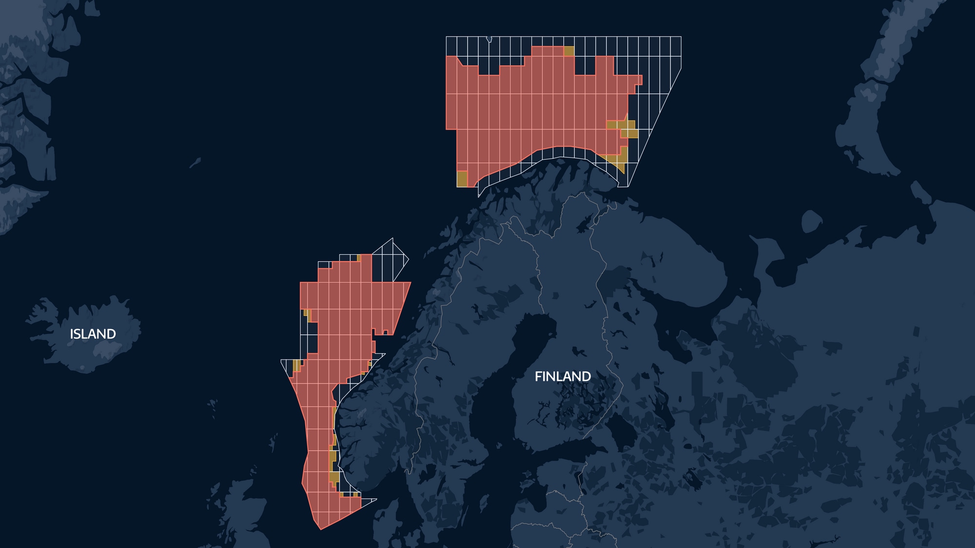 Kart av norske havområder, noen områder i rødt noen i gult 