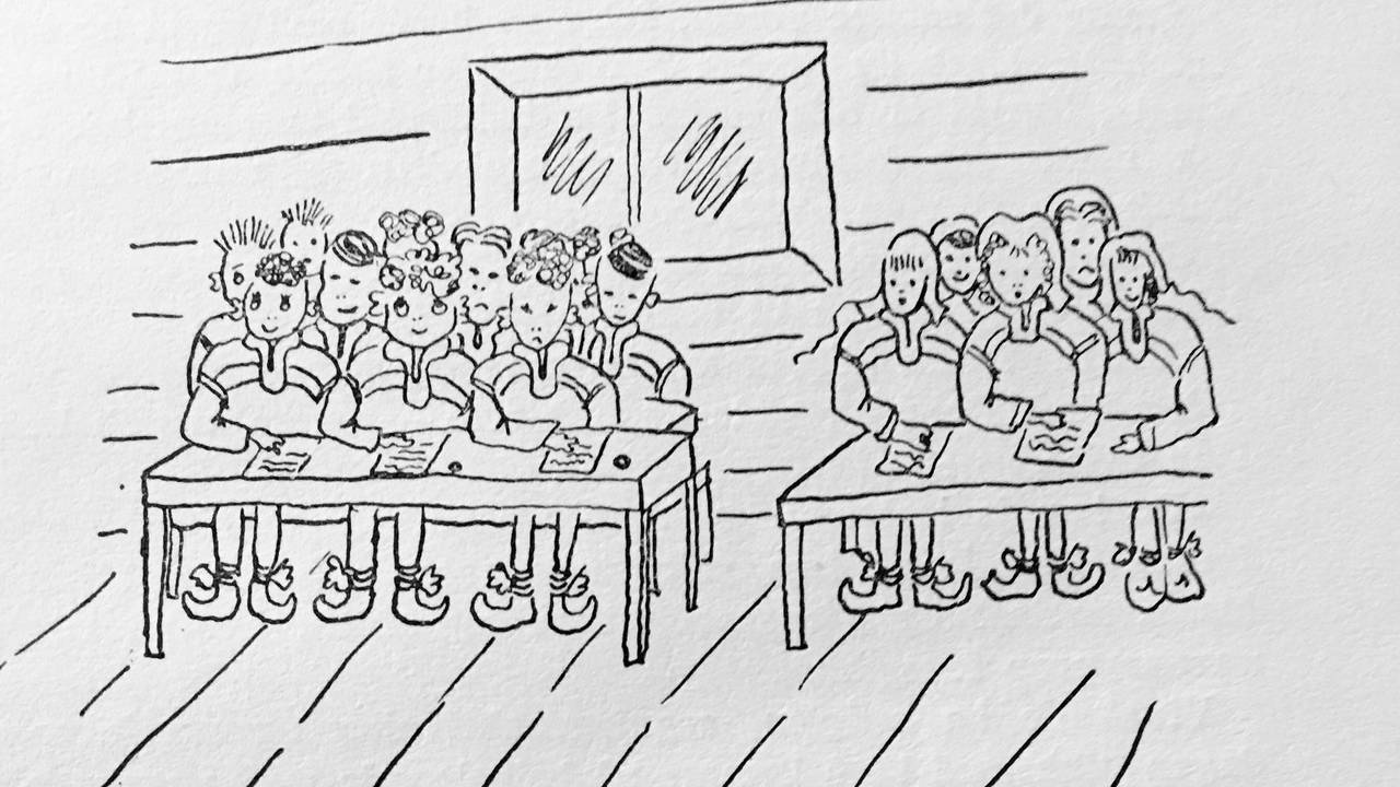 En skoleklasse ved pultene, delt i gutter og jenter