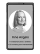 Bilde av en skjerm som viser informasjon om Kine Angelo. Teksten opplyser om hennes rolle som førsteamanuensis i arkitektur og 20 års erfaring som interiørarkitekt. Profilbildet er plassert i en sirkel, hun har kort lyst hår. Bakgrunnen er generelt mørk, noe som fremhever informasjonen på skjermen.
