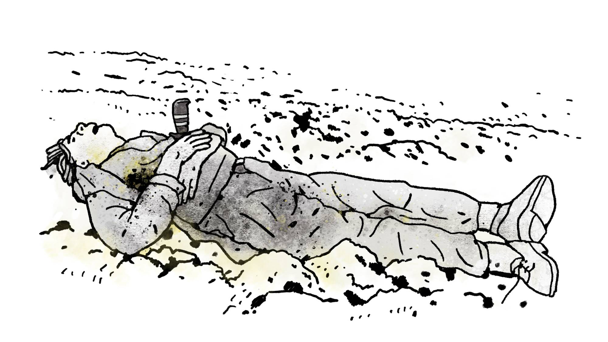 Tegning av en mann som ligger på bakken med en kniv stående i overkroppen. 