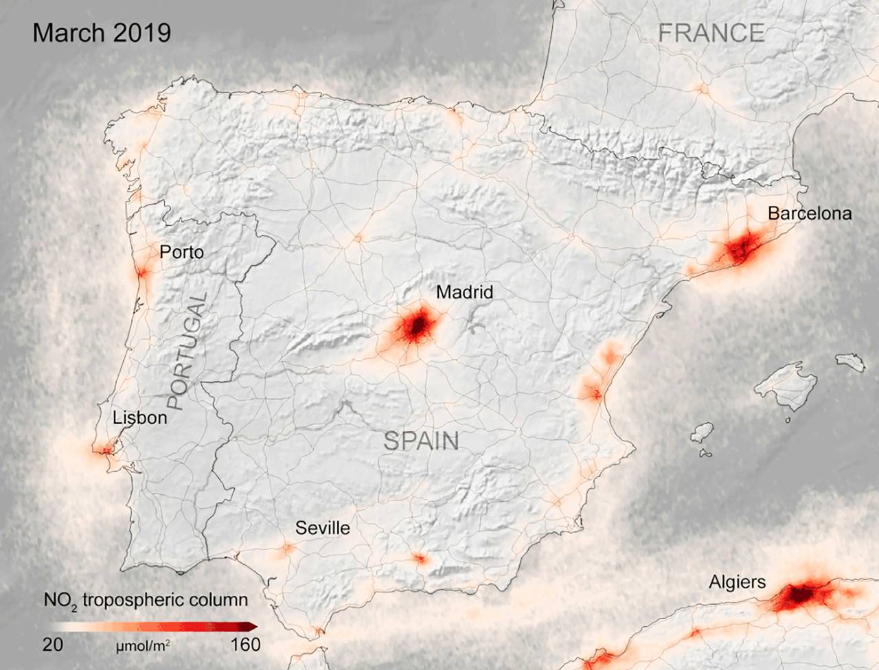 Kart fra ESA som viser konsentrasjonen av NOx-gasser i Spania i mars 2019.