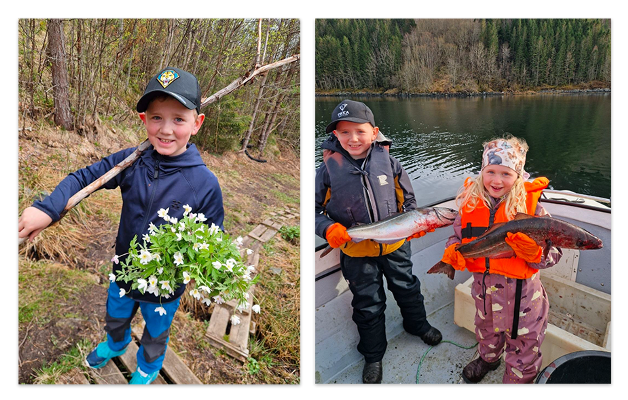 To barn med hvitveis og fisk i skogen.