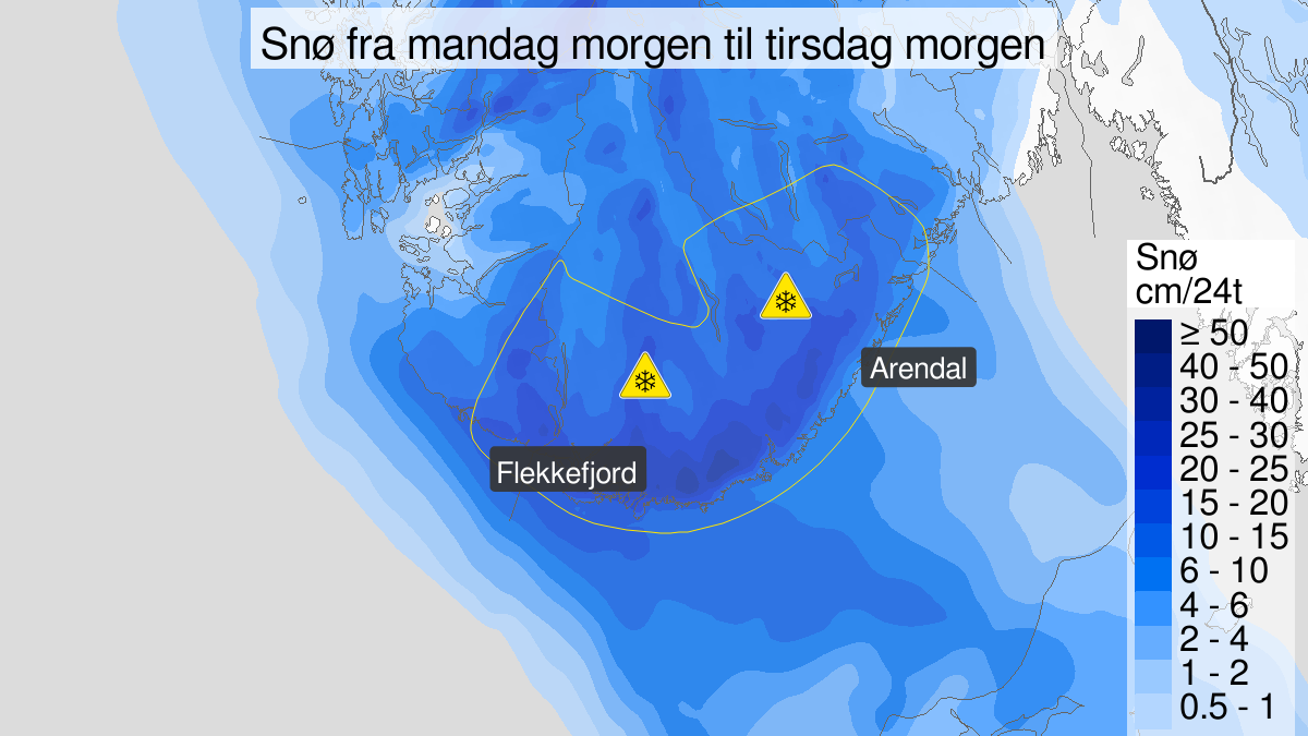 Oransje og fleire gule farevarsel: – Kan bli 40 cm snø på eitt døgn
