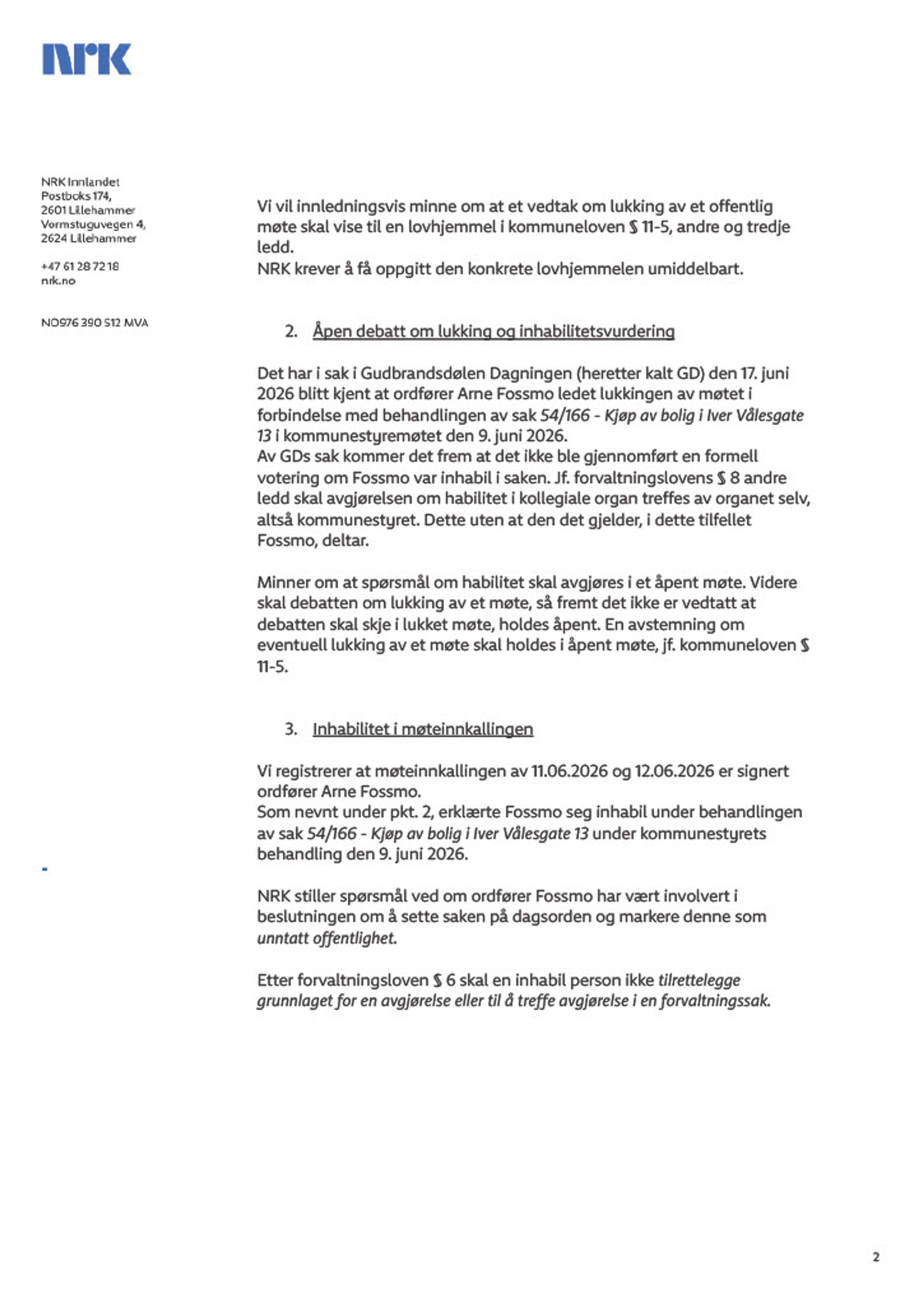 NRKs brev til Ringebu kommune om kjøp av ordfører Arne Fossmos barndomshjem