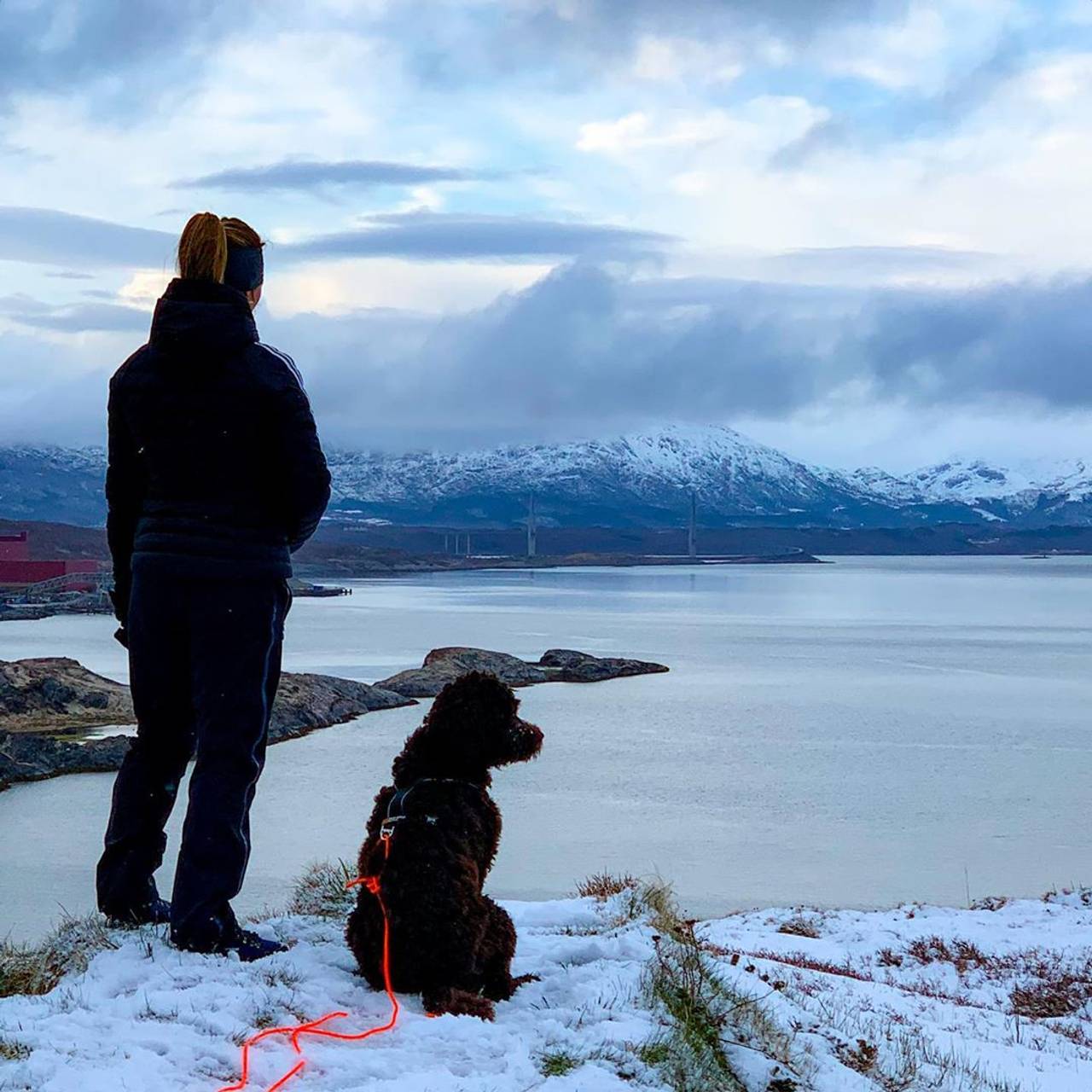 Eier og hund står på snødekt underlag og ser utover sjøen.