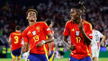 Yamal celebrates a spanish goal with teammate Nico Williams. Lamine Yamal celebrates with teammate Nico williams