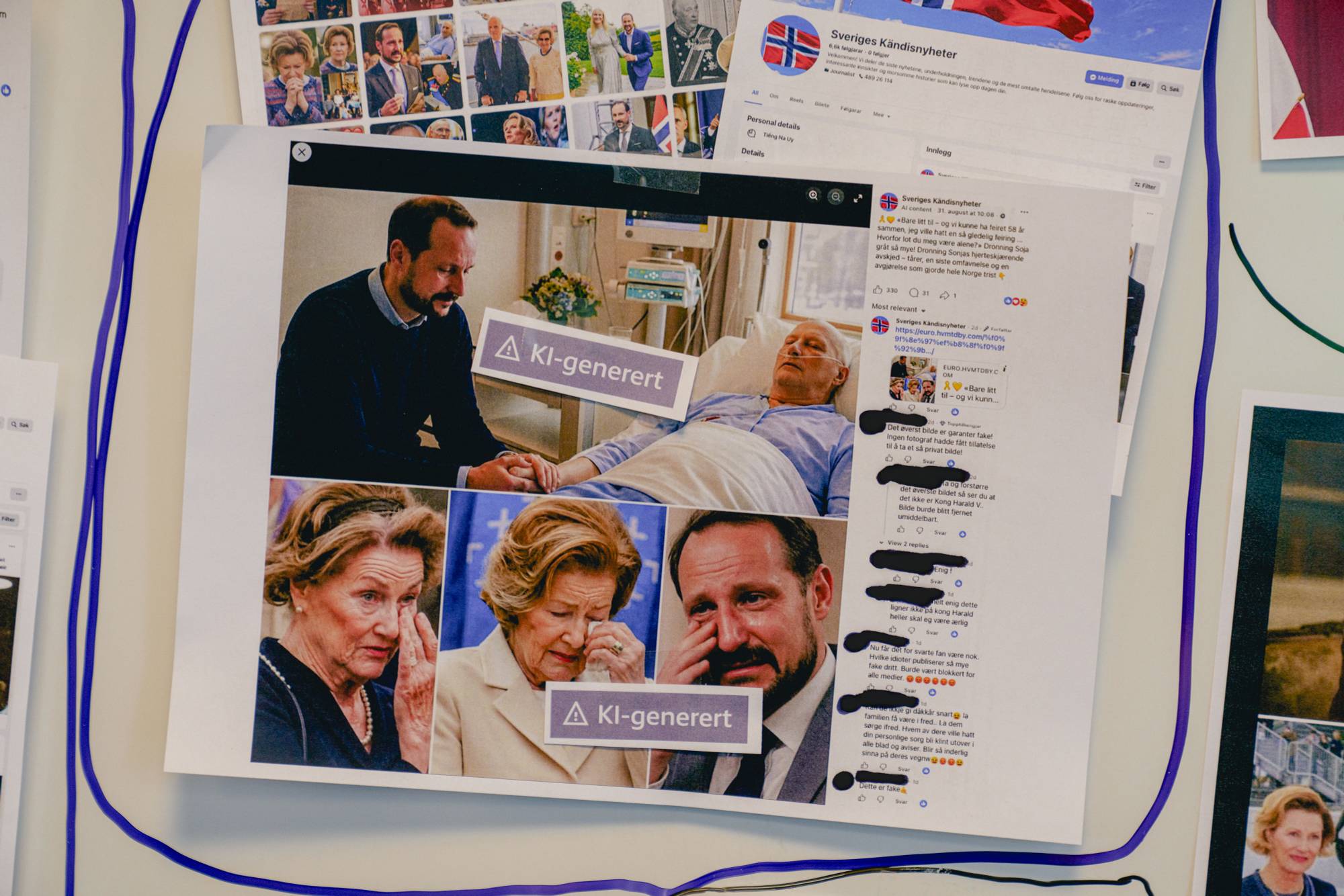En tavle med utskrifter av innlegg publisert på Facebook. Lapper med "KI-generert" er teipet over flere av bildene som ser ut til å vise kong Harald, kong Haakon, dronning Sonja, og dronning Mette-Marit sterkt preget i det som ser ut som ulike situasjoner