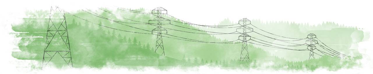Illustrasjon av strømmaster i skogen.