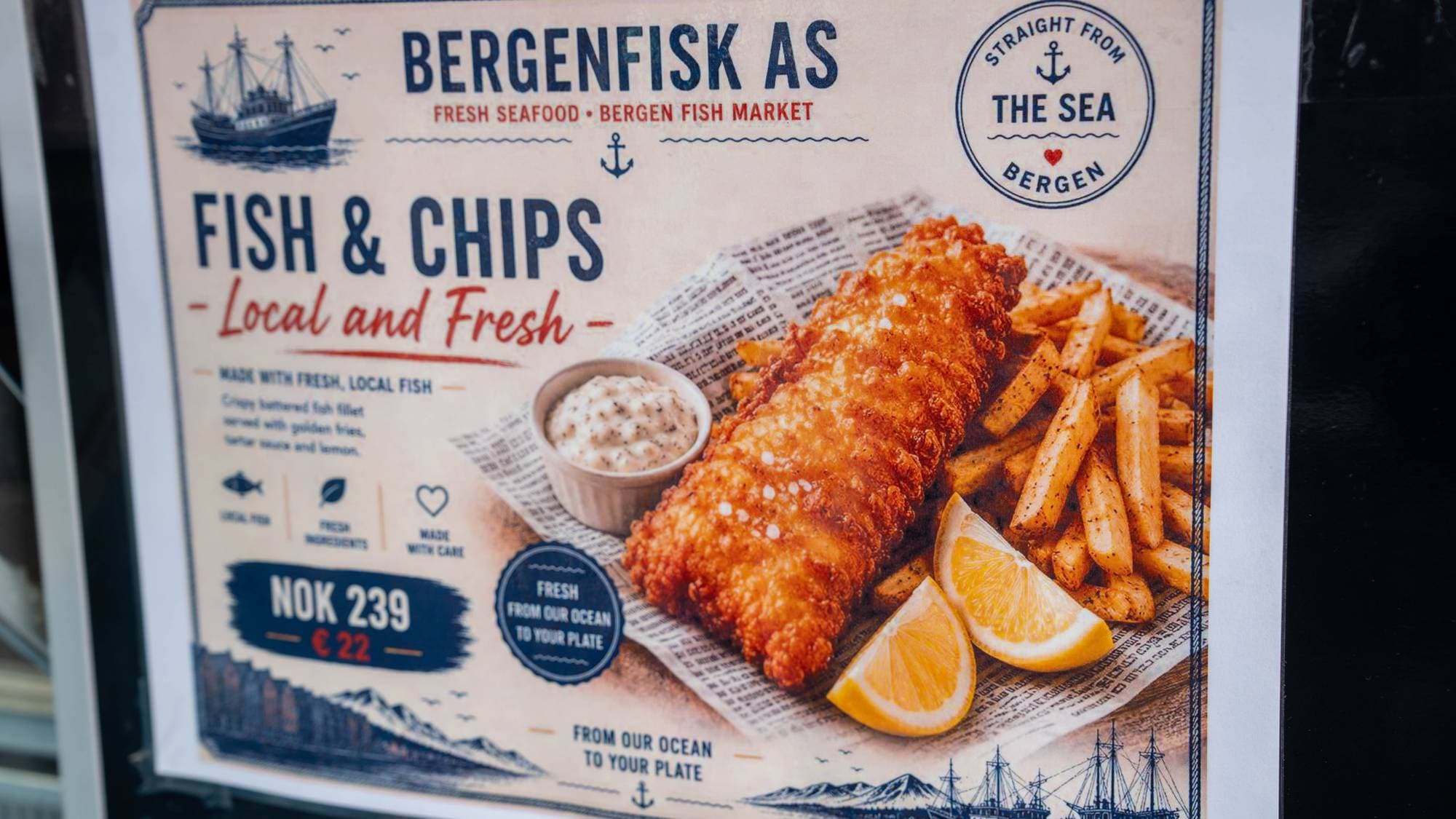 Reklameplakat for Fish & Chips fra Bergenfisk AS. Illustrasjon med matrett og prisopplysninger. (Bildebeskrivelsen er laget av en KI-tjeneste)
