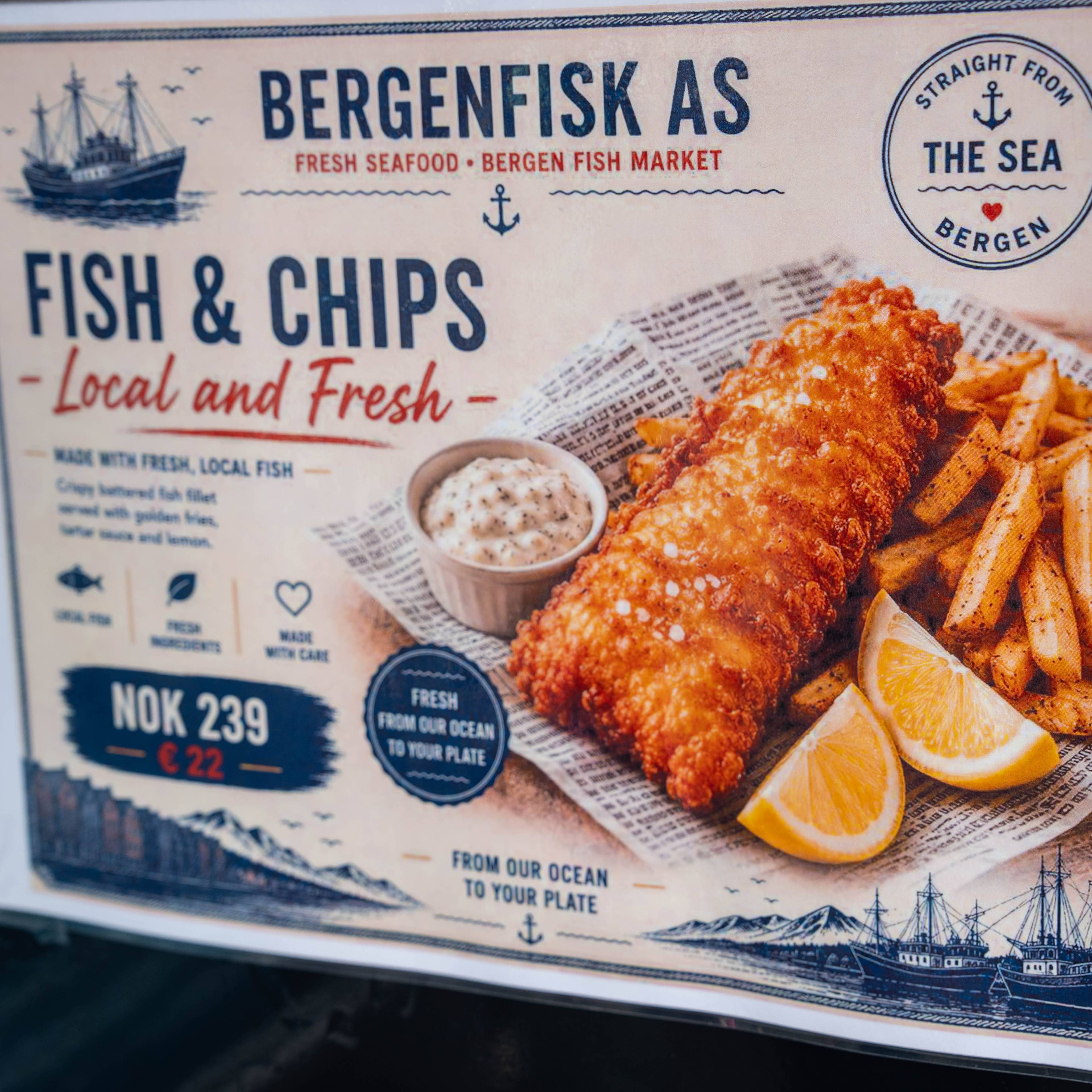 Reklameplakat for Fish & Chips fra Bergenfisk AS. Illustrasjon med matrett og prisopplysninger. (Bildebeskrivelsen er laget av en KI-tjeneste)
