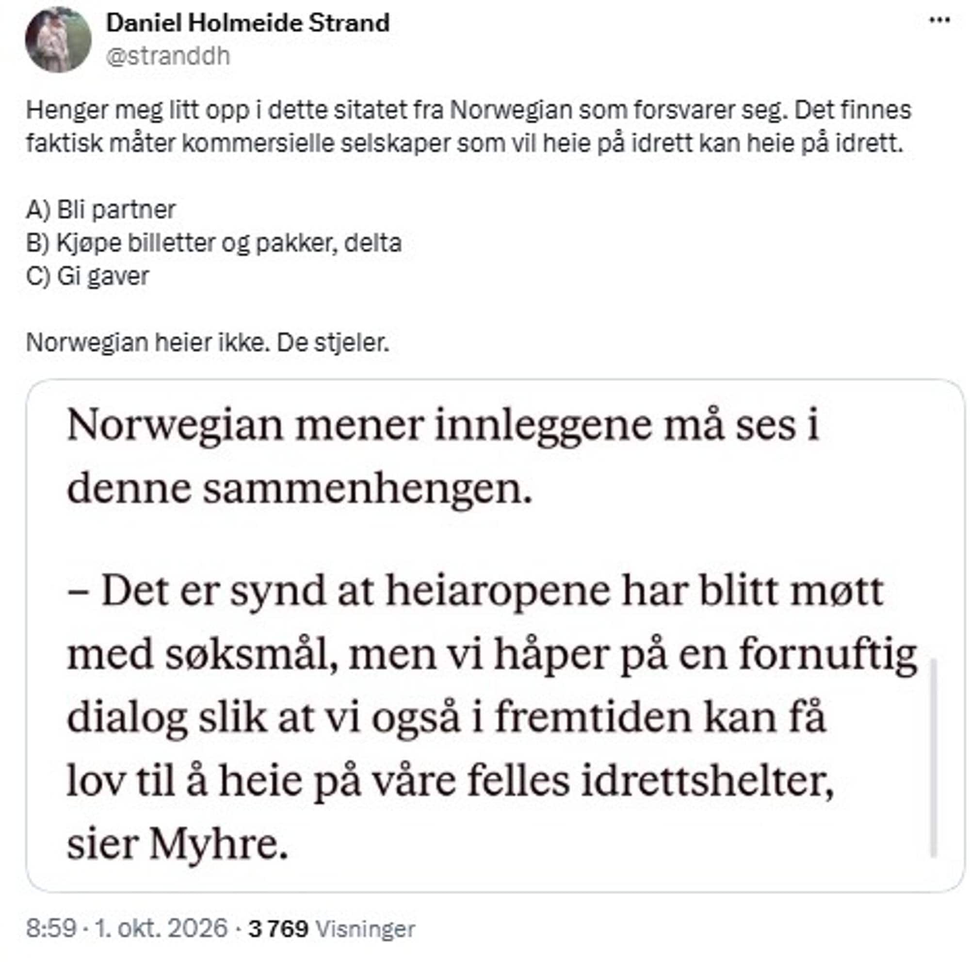 Skjermbilde av et innlegg på X med sitat fra Norwegian om søksmål knyttet til heiarop. (Bildebeskrivelsen er laget av en KI-tjeneste)