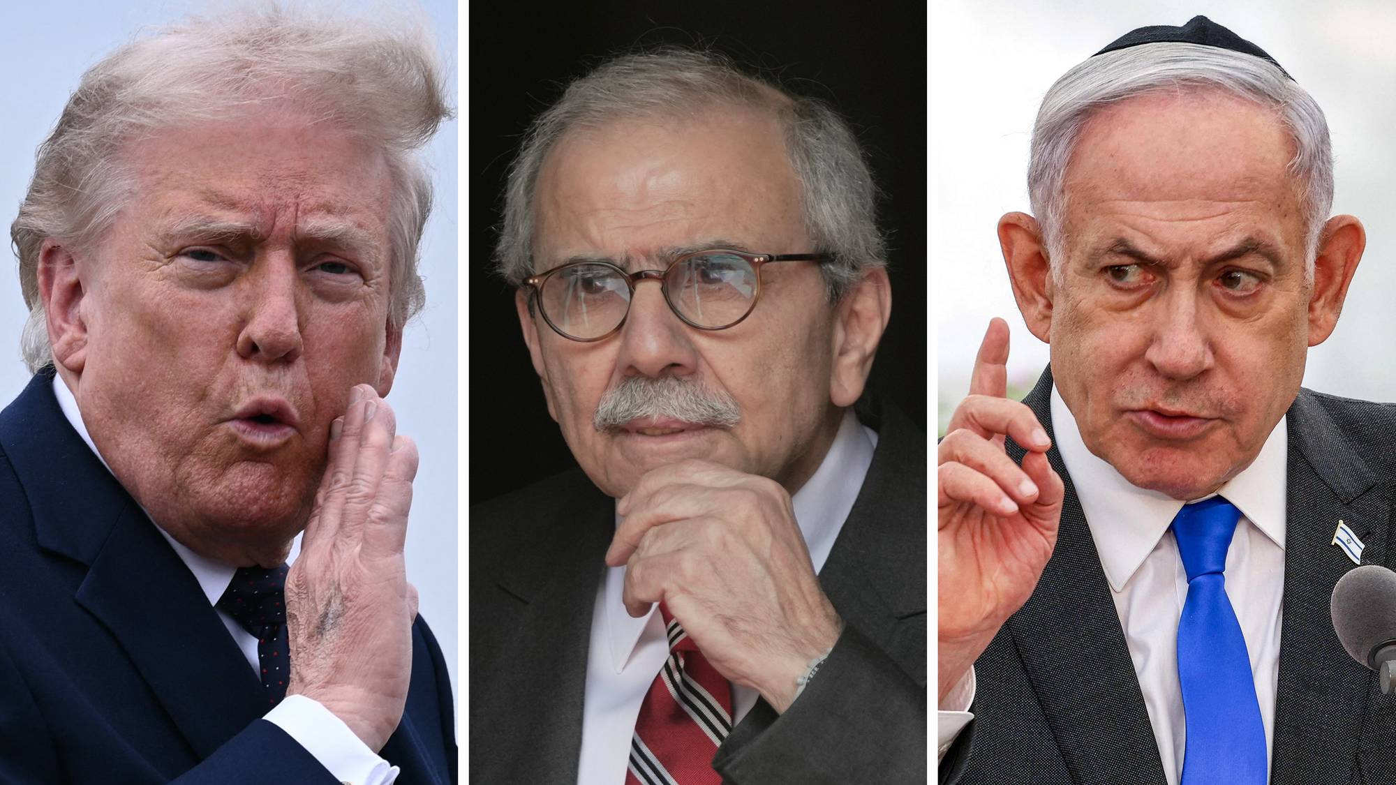 En bildekollasj av portretter av Donald Trump, Nawaf Salam, Benjamin Netanyahu