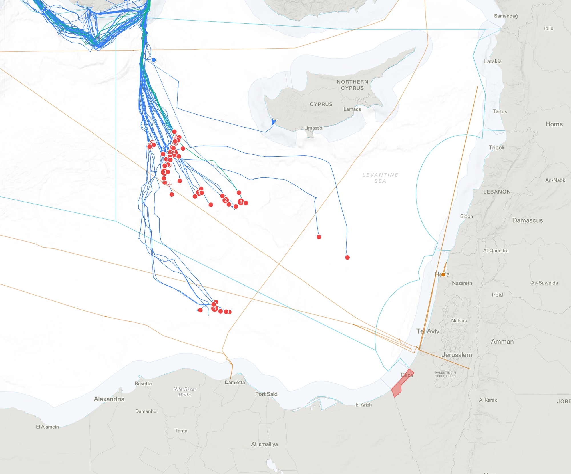 Ifølge trackeren på nettsiden til Global Sumud Flotilla ble titalls båter stanset av israelske soldater i internasjonalt farvann mandag og tirsdag.