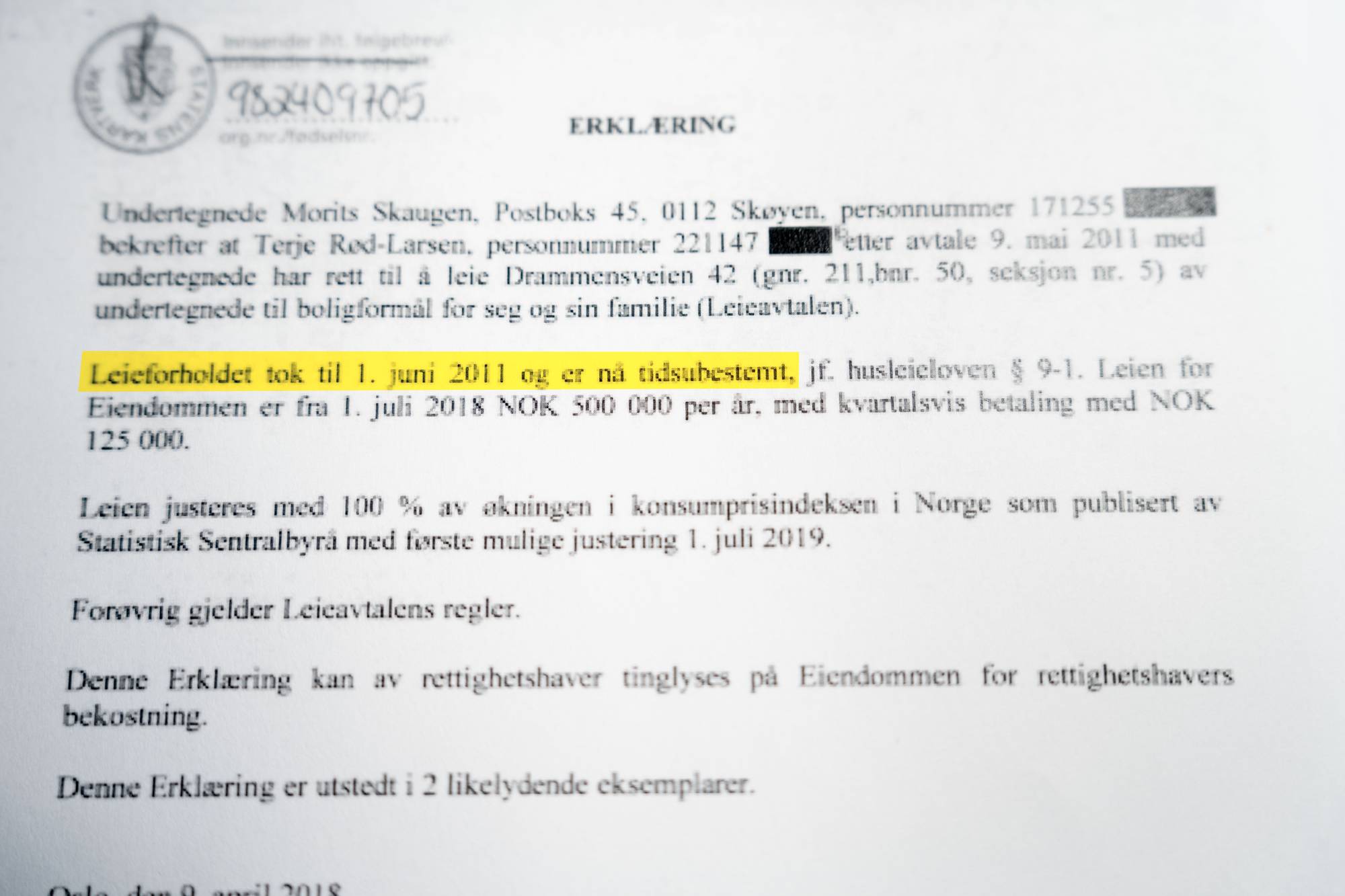 Tinglyst leieavtale Juul og Rød-Larsen