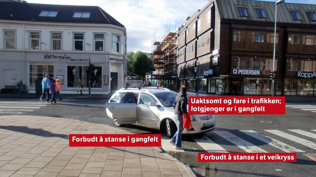 Fasit på spørsmål fra forrige bilde
1. Forbudt å stanse i gangfelt
2. Uaktsomt og fare i trafikken - fotgjenger er i gangfelt
3. Forbudt å stanse i et veikryss