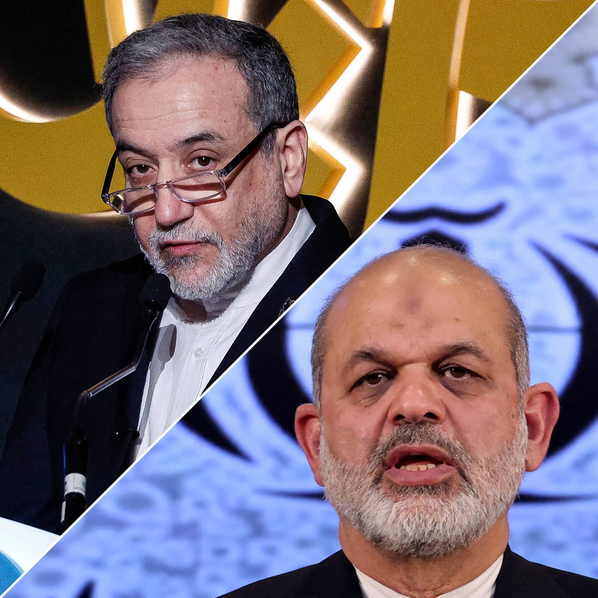 Kollasj av to bilder, et av Irans utenriksminister Abbas Araghchi og et av sjefen for den beryktede Revolusjonsgarden, Ahmad Vahidi.