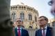 Marie Skikstein / NRK Tysklands utenriksminister Johann Wadephul og utenriksminister Espen Barth Eide foran Stortinget
