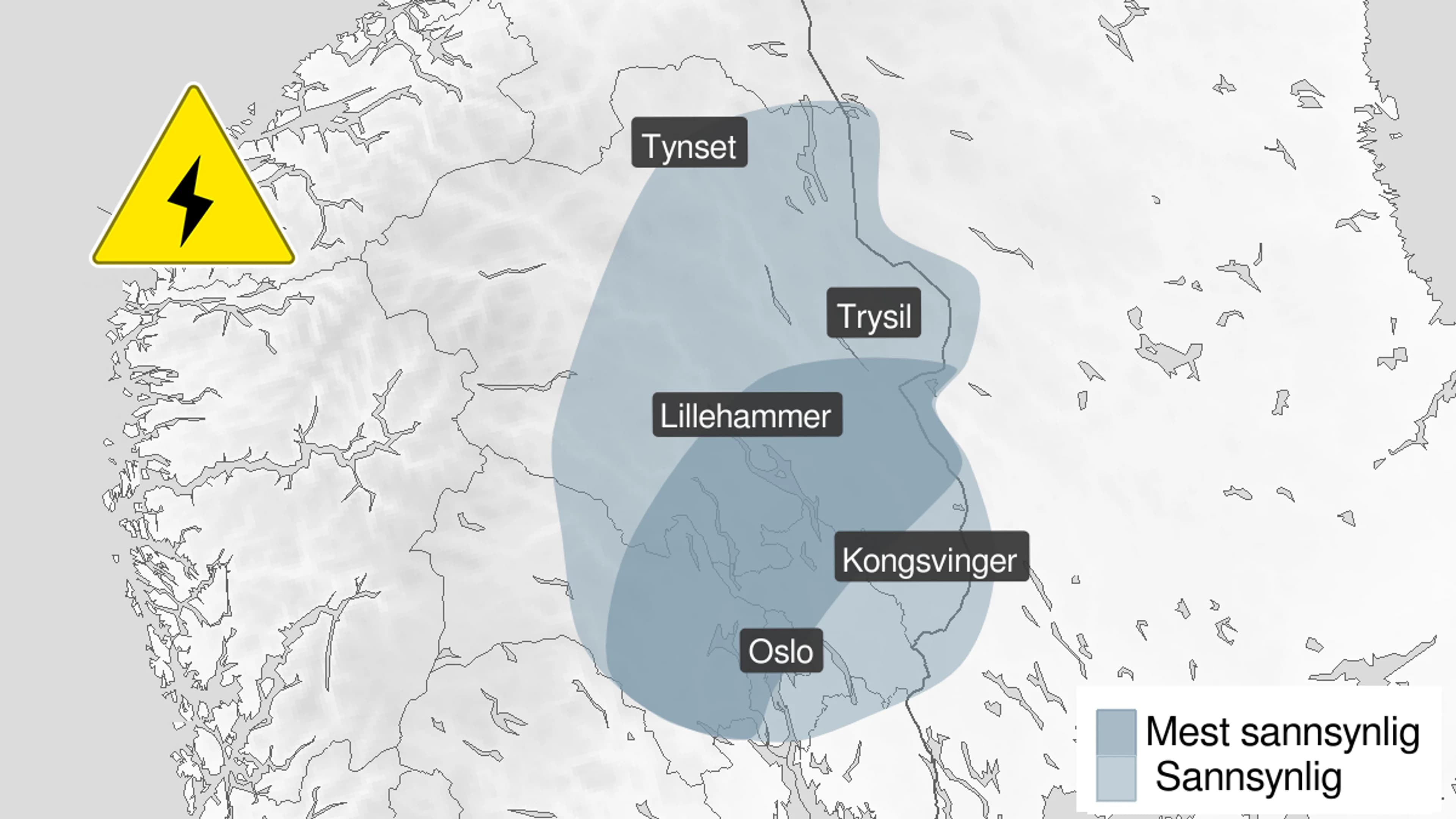 kart som viser områdene i og rundt oslo der det er fare for lyn
