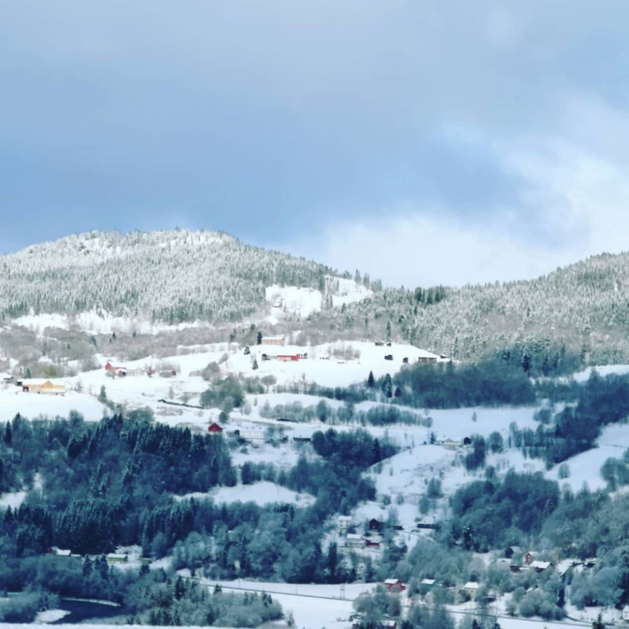 Snø i mai. BIldet viser åssiden over Svorkmo i Orkland i Trøndelag, dekket av et hvitt teppe.