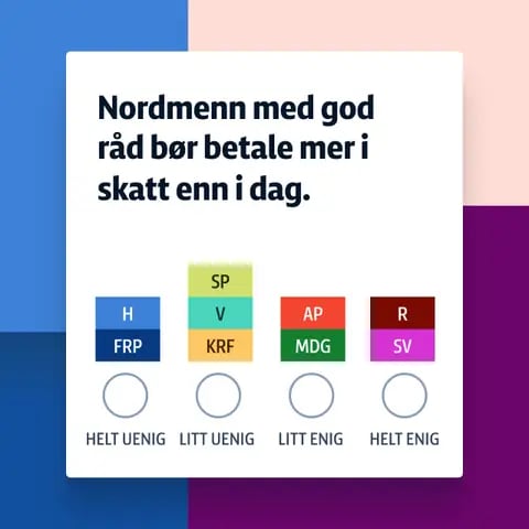 En påstand fra valgomaten med teksten "Nordmenn med god råd bør betale mer i skatt enn i dag" og partienes standpunkt under.